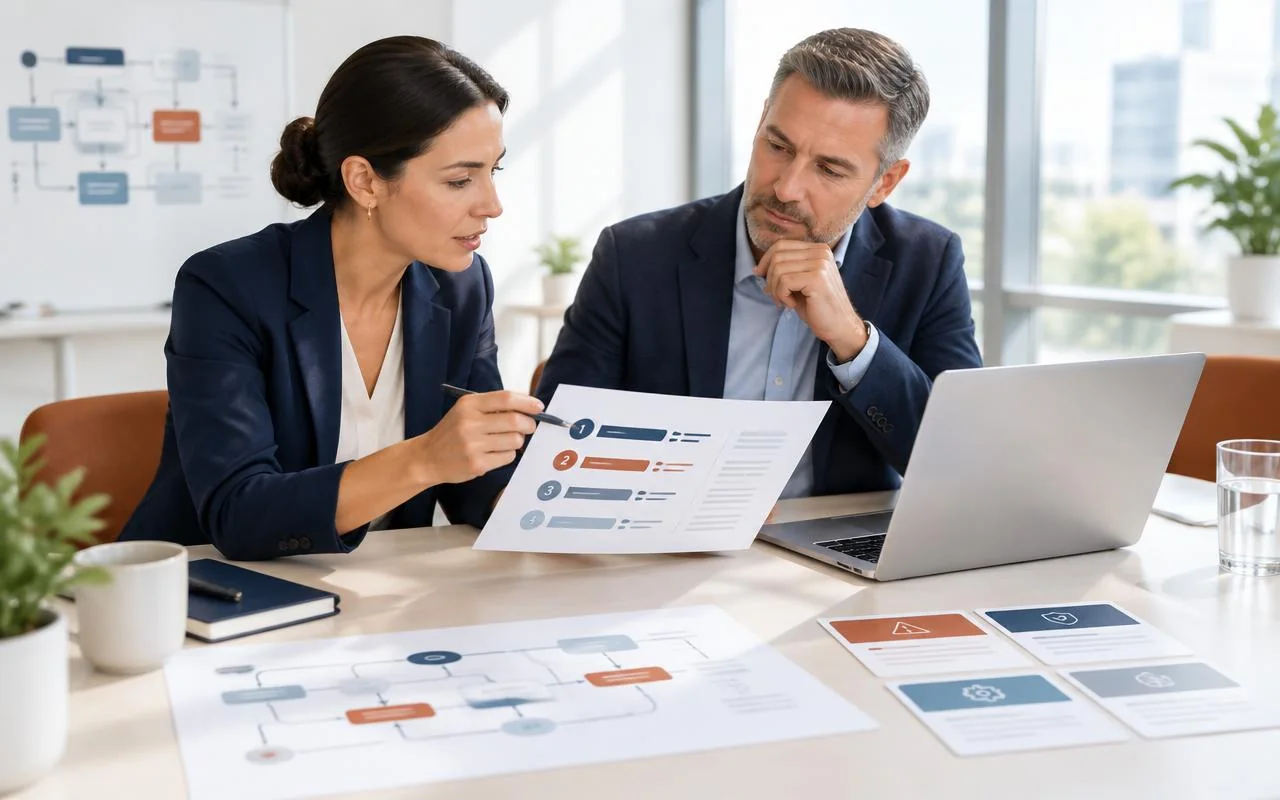 Consultant and operations leader reviewing a prioritized AI readiness summary