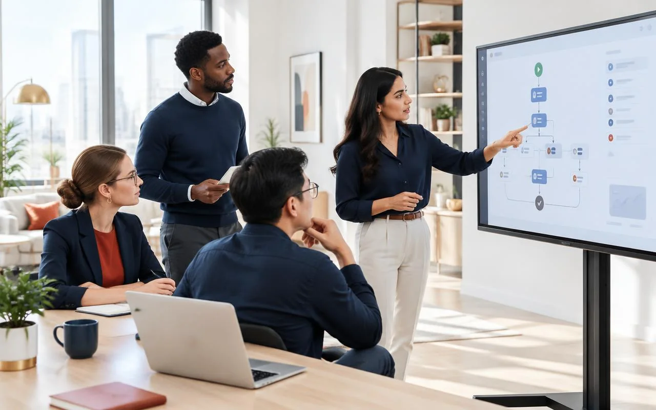 Operations specialists mapping an AI-assisted business workflow