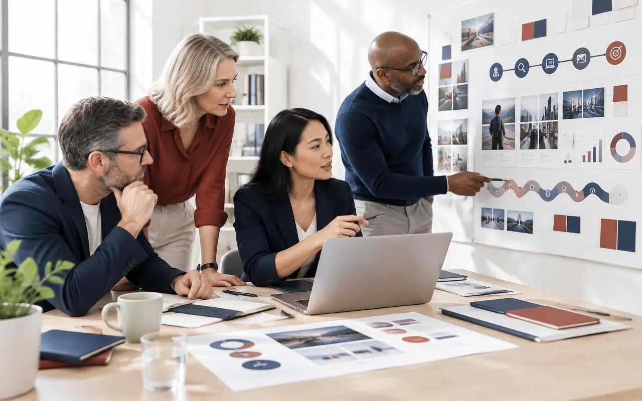 Marketing specialists reviewing campaign channels and performance in a bright studio