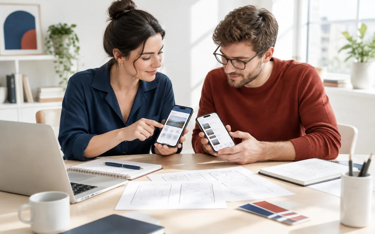 Mobile product team testing an application across phones and a tablet