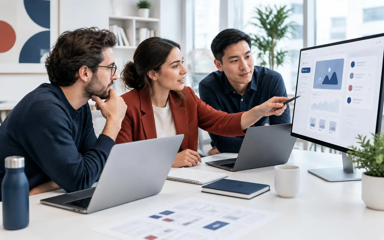 Product team reviewing a SaaS application workflow on multiple devices